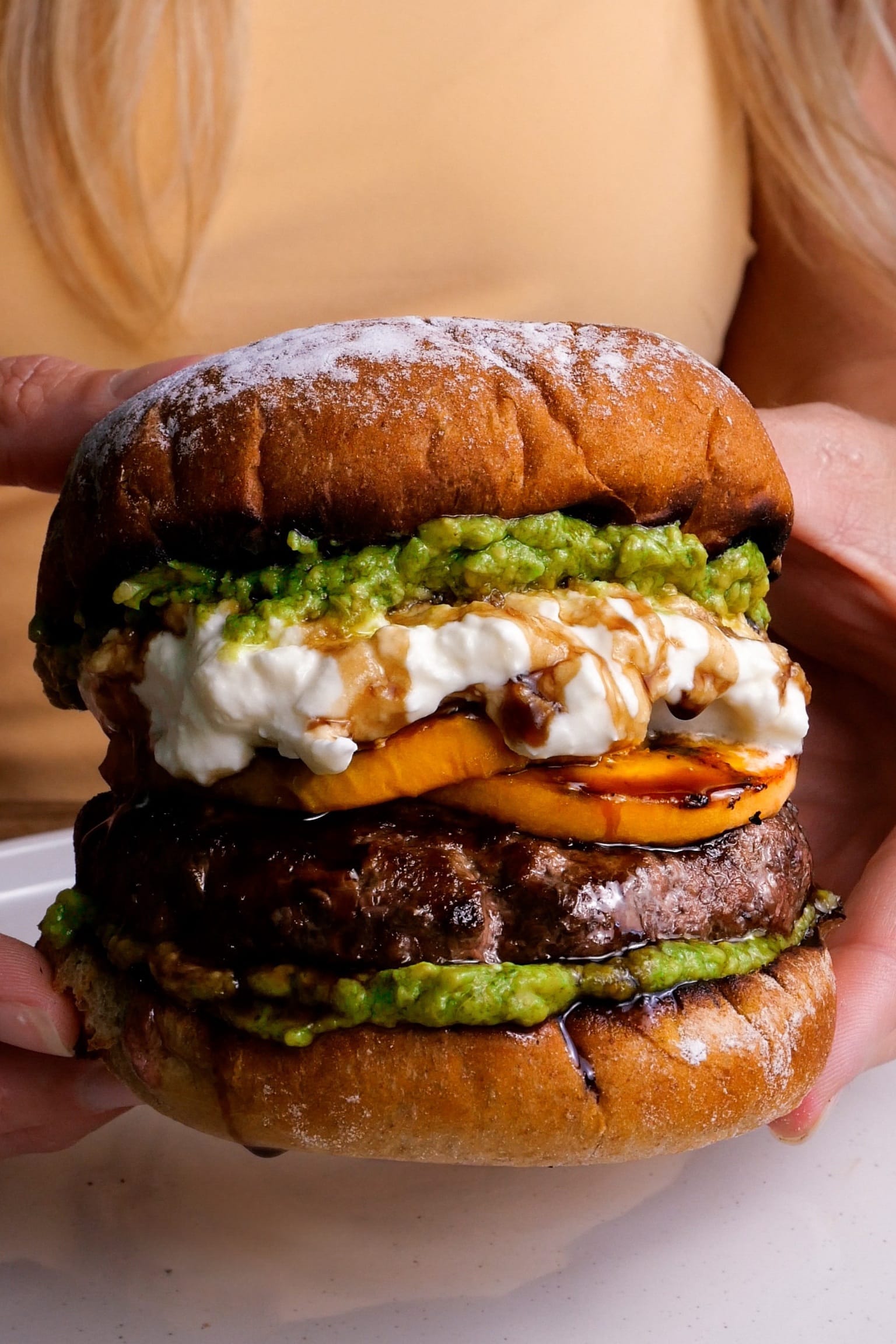 Peach Burrata Caprese Burgers