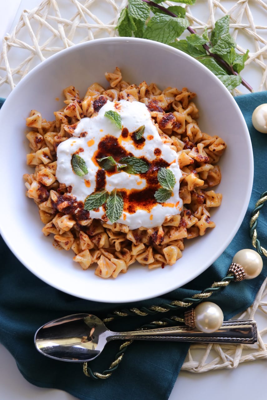 Tomato Chili Butter Mini Manti with Garlicky Yogurt