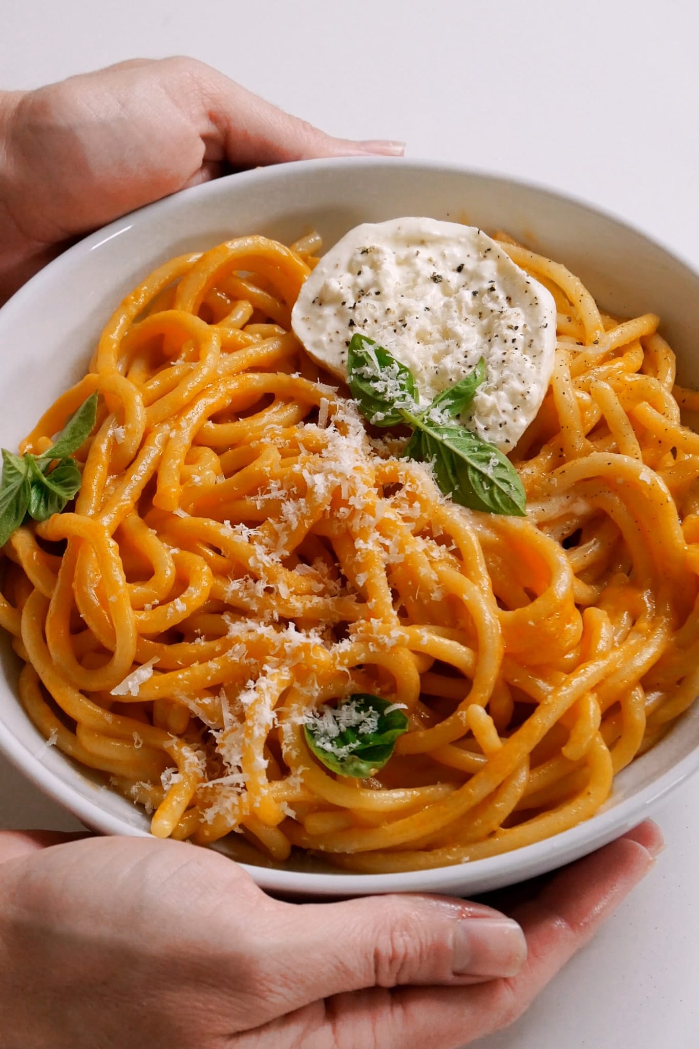 Tomato Butter Pici with Burrata and Basil