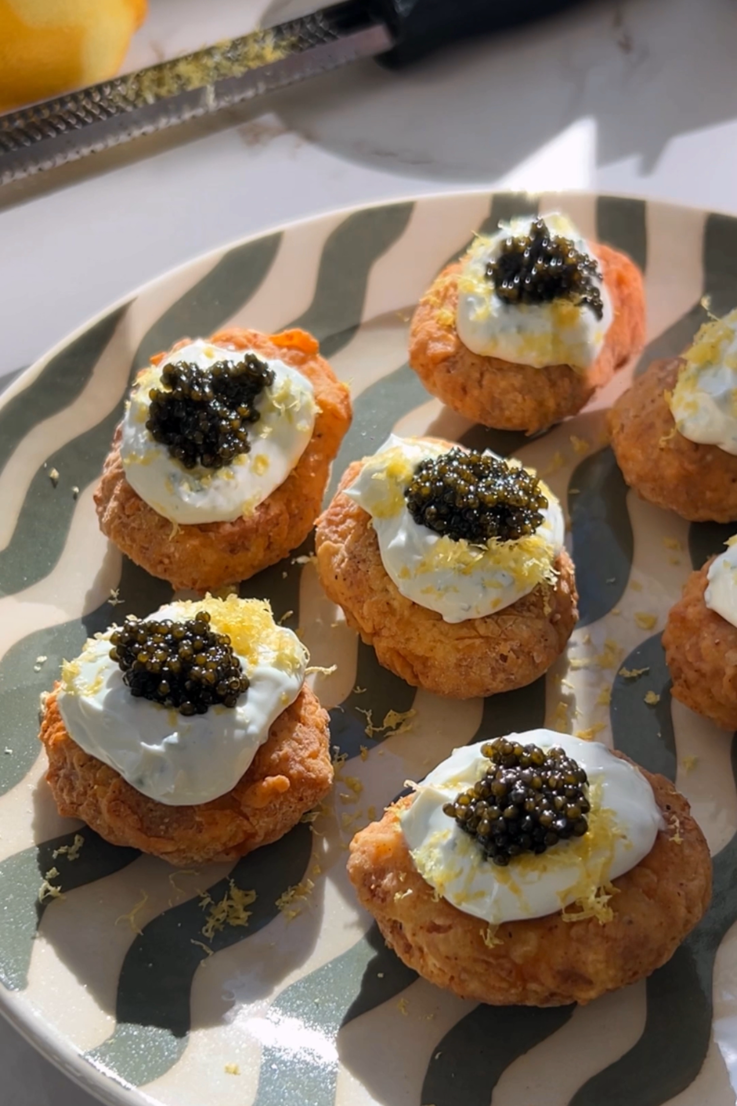 Homemade Nuggies with Chive Crema and Caviar